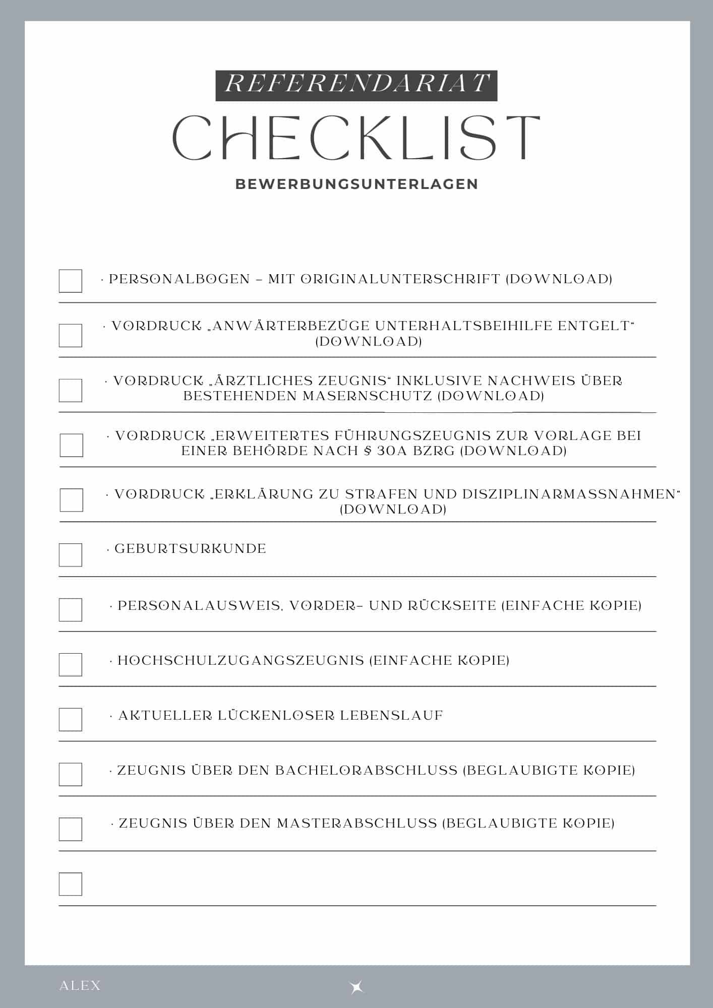 Checkliste erforderliche Dokumente für die Zulassung zum Referendariat