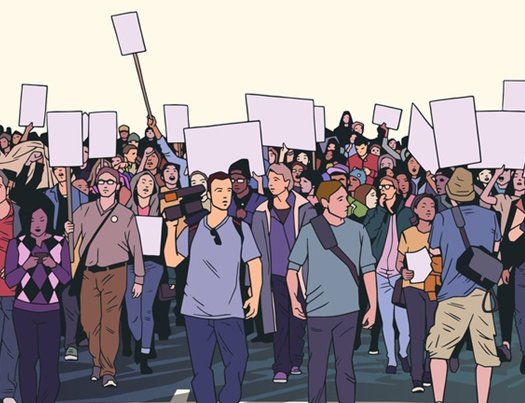 Demonstrierende Menschen im Comic Stil