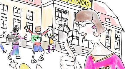 Schüler laufen fröhlich auf das Schulgebäude zu. Eine Lehrerin freut sich und hält den Daumen hoch. 