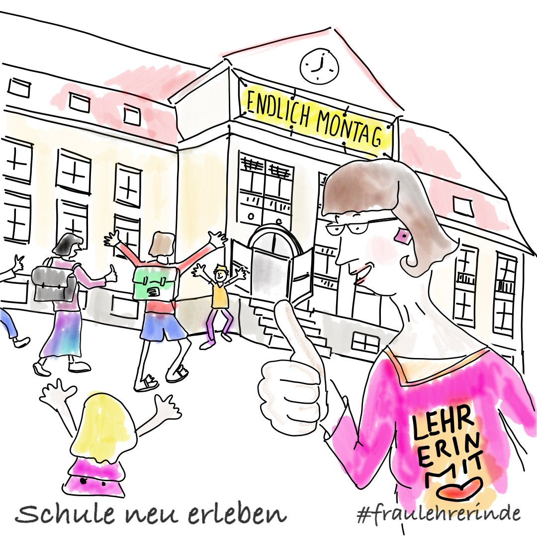Schule neu erleben Schüler laufen fröhlich auf das Schulgebäude zu. Eine Lehrerin freut sich und hält den Daumen hoch.