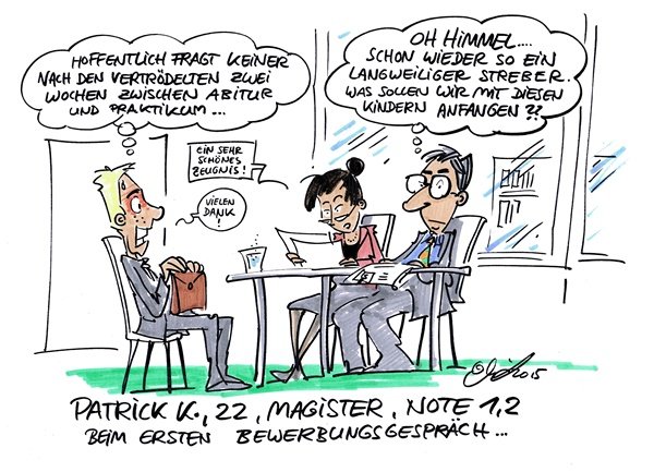 Cartoon: Bewerbung Absolvent sitzt im Bewerbungsgepräch