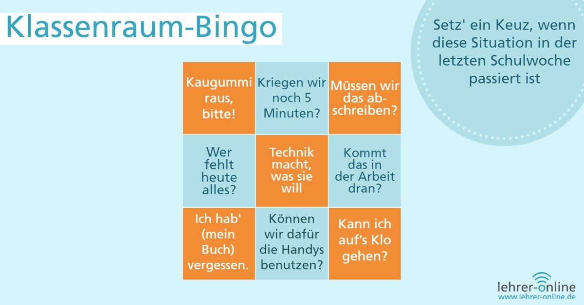 Dieses Bingo-Spiel ist voller typischer Sprüche und Situationen, mit denen Lehrkräfte während ihrer Unterrichtsstunden regelmäßig im Klassenraum konfrontiert sind. Lustiges Klassenraum-Bingo