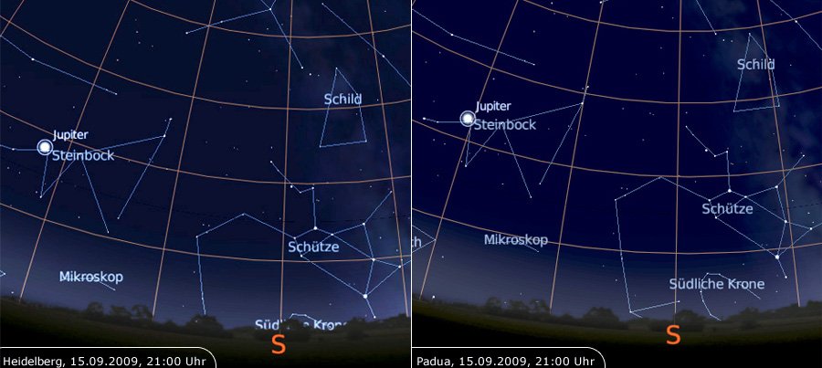 Positionen von Jupiter am Himmel über Heidelberg und Padua am 15. September 2009 (Stellarium-Screenshots)