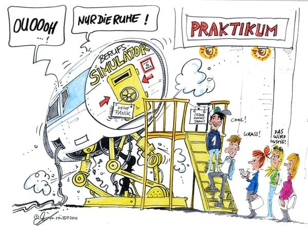 Cartoon: Berufssimulation Ein Berufssimulator wurde aufgebaut. Schülerinnen und Schüler besuchen den Berufssimulator.