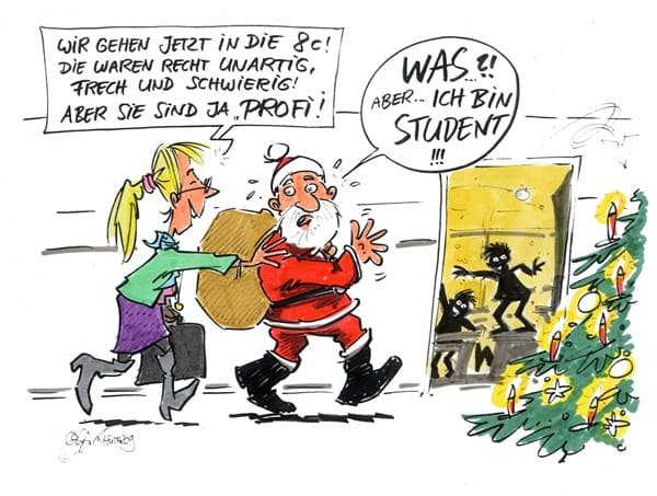 Cartoon: Profis gesucht! Weihnachtsmann wird in die Schulklasse geschickt