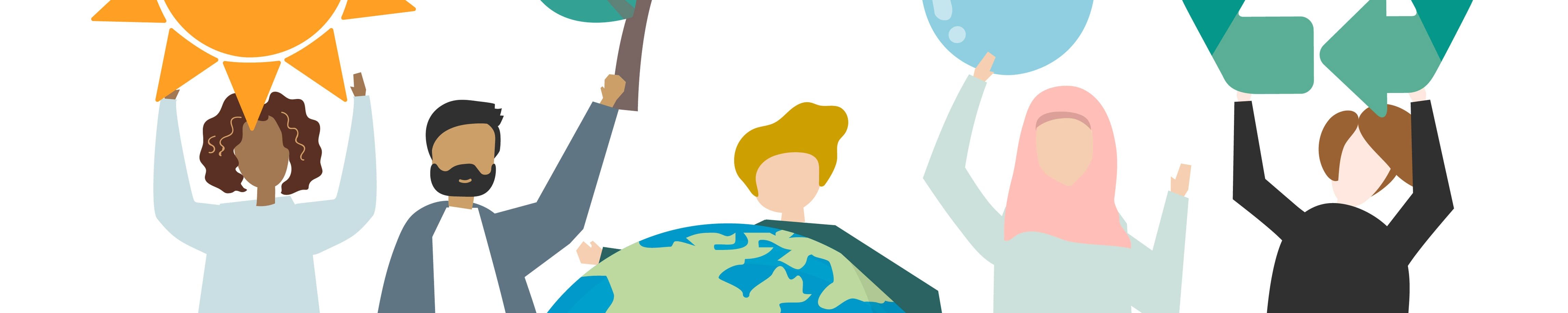 Weltkugel und Personen mit Klimaschutzsymbolen