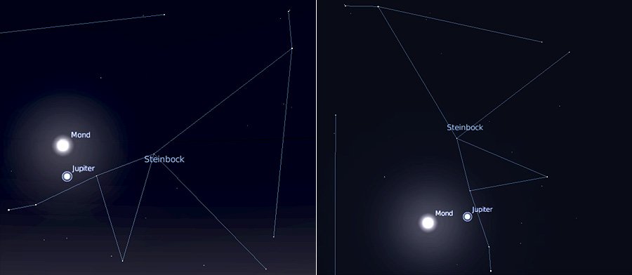 Mondparallaxe: Mond und Jupiter über Heidelberg und Windhoek am 2. September 2009 um 21:00 Uhr (Stellarium-Screenshots)
