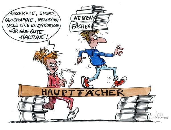 Cartoon: Haltung Zwei Schüler versuchen Haltung mit Büchern auf dem Kopf zu bewahren
