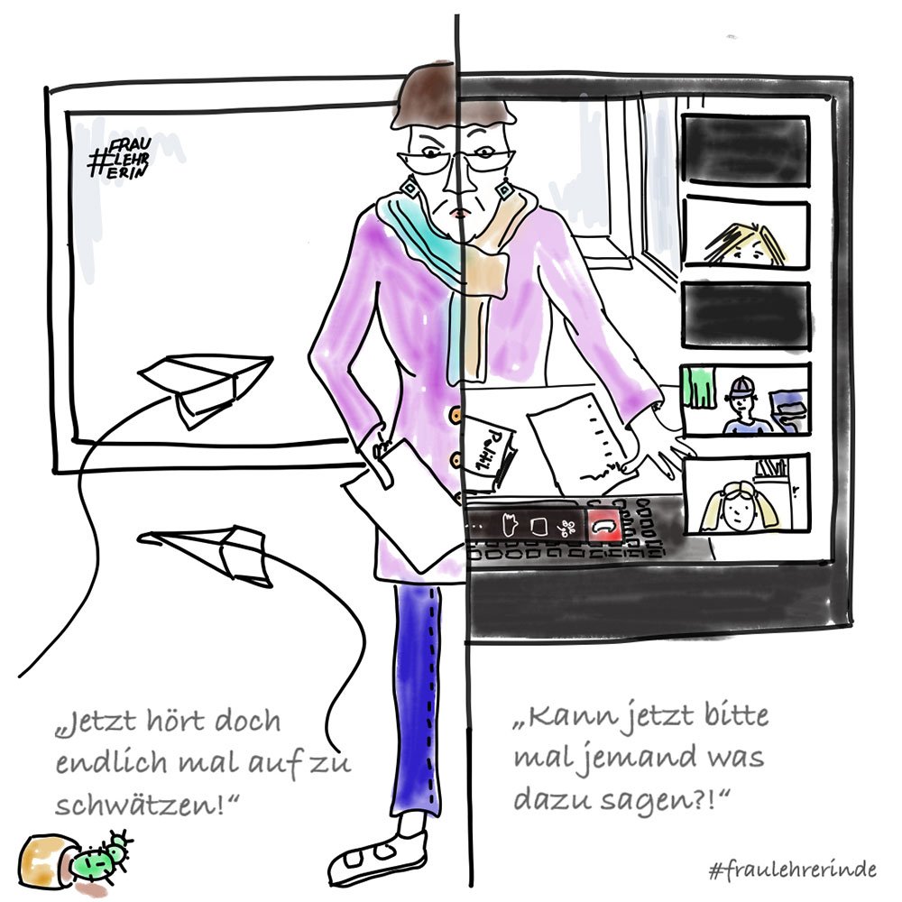 Cartoon: Distanz-Unterricht vs. Präsenz-Unterricht Frau Lehrerin ist in einem Bild halb im Klassenraum und halb auf einem Laptop im Video-Call zu sehen