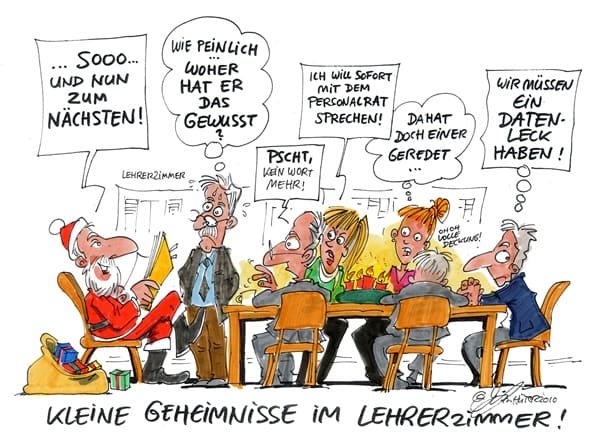 Cartoon: Kleine Geheimnisse im Lehrerzimmer Nikolaus mit den anderen Lehrerinnen und Lehrern im Lehrerzimmer