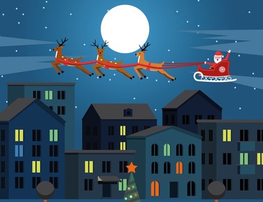 Santa Claus fliegt über eine Stadt