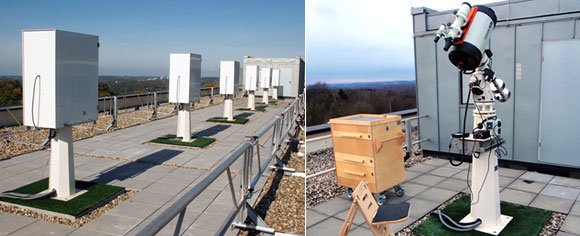 abb_3_beobachtungsinseln_teleskop.jpg Beobachtungsinseln mit Wetterhauben (links) und einsatzbereites Teleskop (rechts)