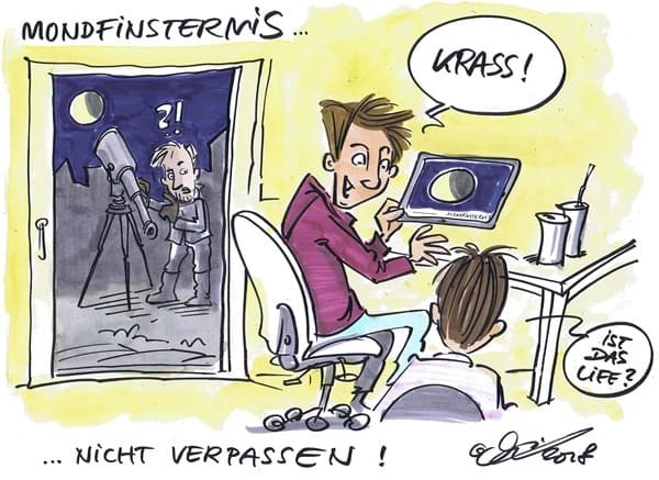 Cartoon des Monats: Life aus zweiter Hand Zur Mondfinsternis schaut sich ein Mann den Mond über ein Teleskop an. Ein anderer verwendet einfach ein Tablet.