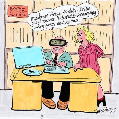 Cartoon der Woche: Virtual Reality Lehrkräfte am Schreibtisch