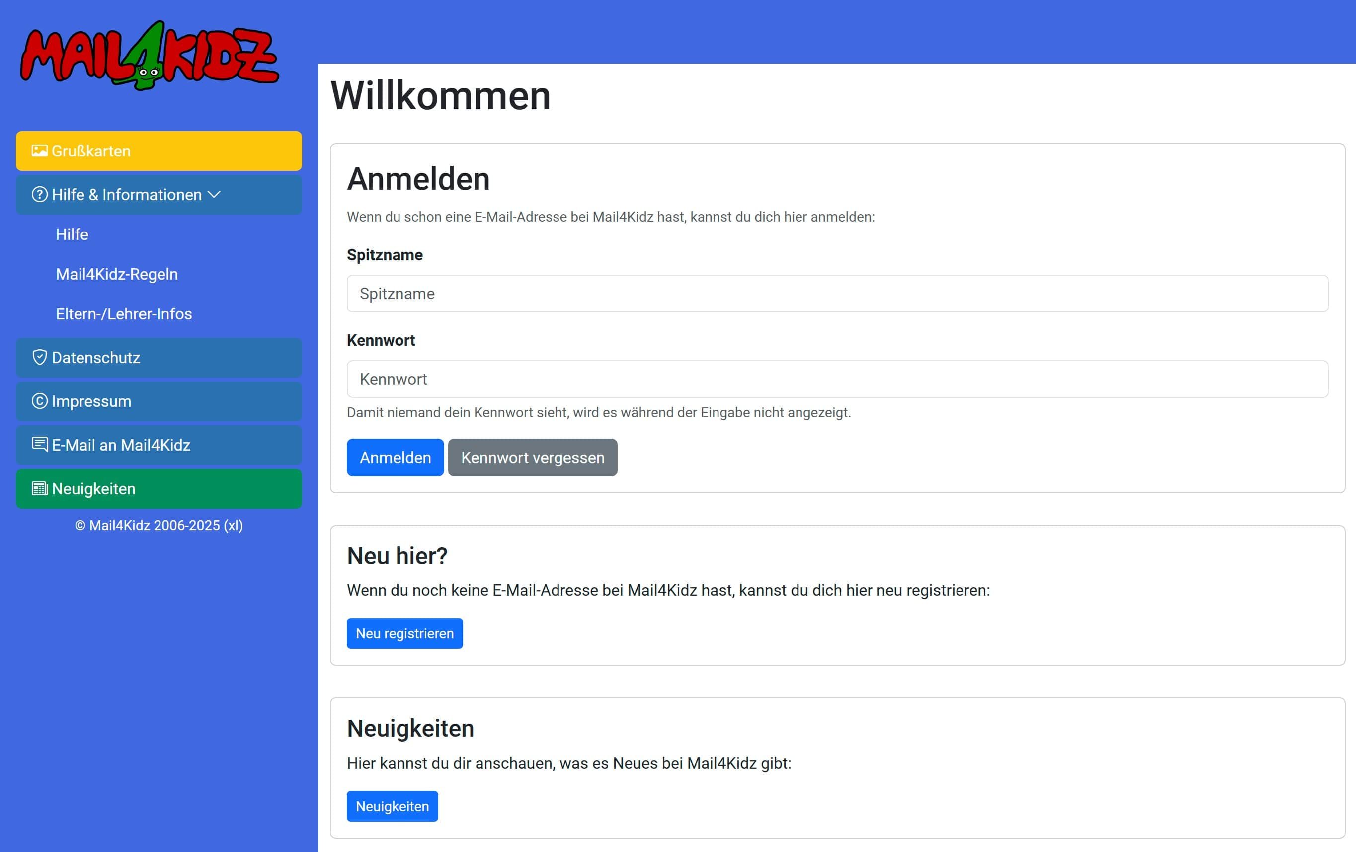 Mail4Kidz: E-Mail-Dienst für Kinder Startseite von Mail4Kidz