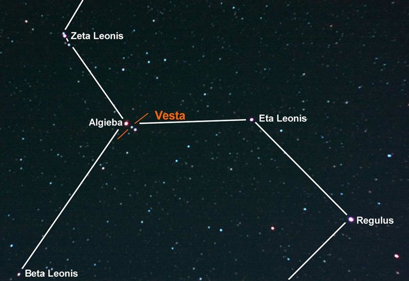 12_vesta.jpg Ausschnitt aus dem Sternbild Löwe mit dem Kleinplaneten; Vesta am 16. Februar 2010 gegen 20:40 Uhr MEZ