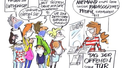 Eine junge Frau hinter einem Infostand – vor ihr eine Schlange an Erwachsenen mit kleineren Kindern. Es ist Tag der offenen Schultür. „Will denn hier niemand etwas über unser pädagogisches Profil erfahren?“, fragt die Frau. Die vor ihr stehenden fragen nach Luftreinigern und Inzidenzzahlen, die Häufigkeit des Lüftens und das Testangebot an der Schule. 