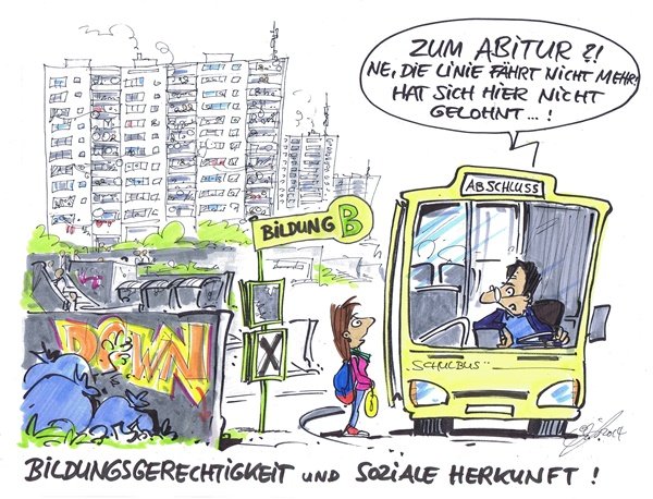 Cartoon: Bildungsgerechtigkeit und soziale Herkunft Mädchen möchte mit dem Bus zur Schule fahren.