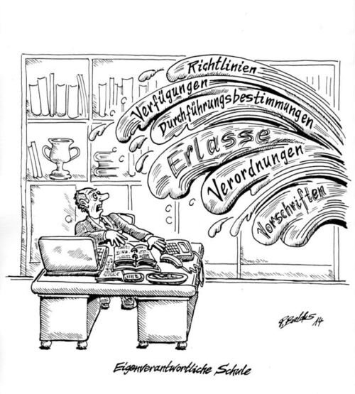 Cartoon der Woche: Eigenverantwortliche Schule Ein Mann wird von einer Welle an seinem Schreibtisch überflutet, die die Worte Erlässe, Verordnungen und weitere auf sich stehen hat.