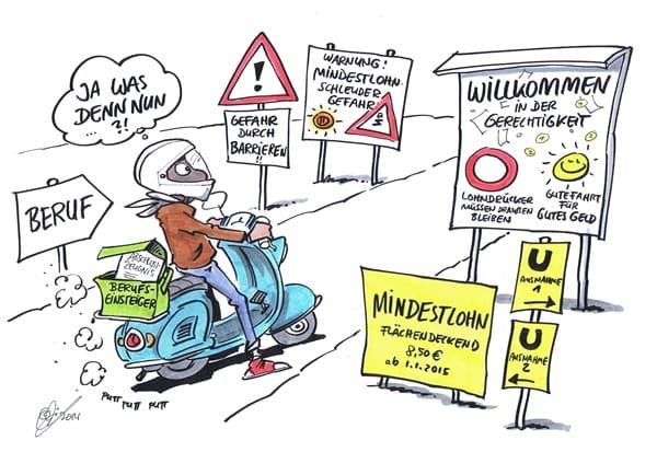 Cartoon: Mindestlohn Mann fährt mit Motorrad.