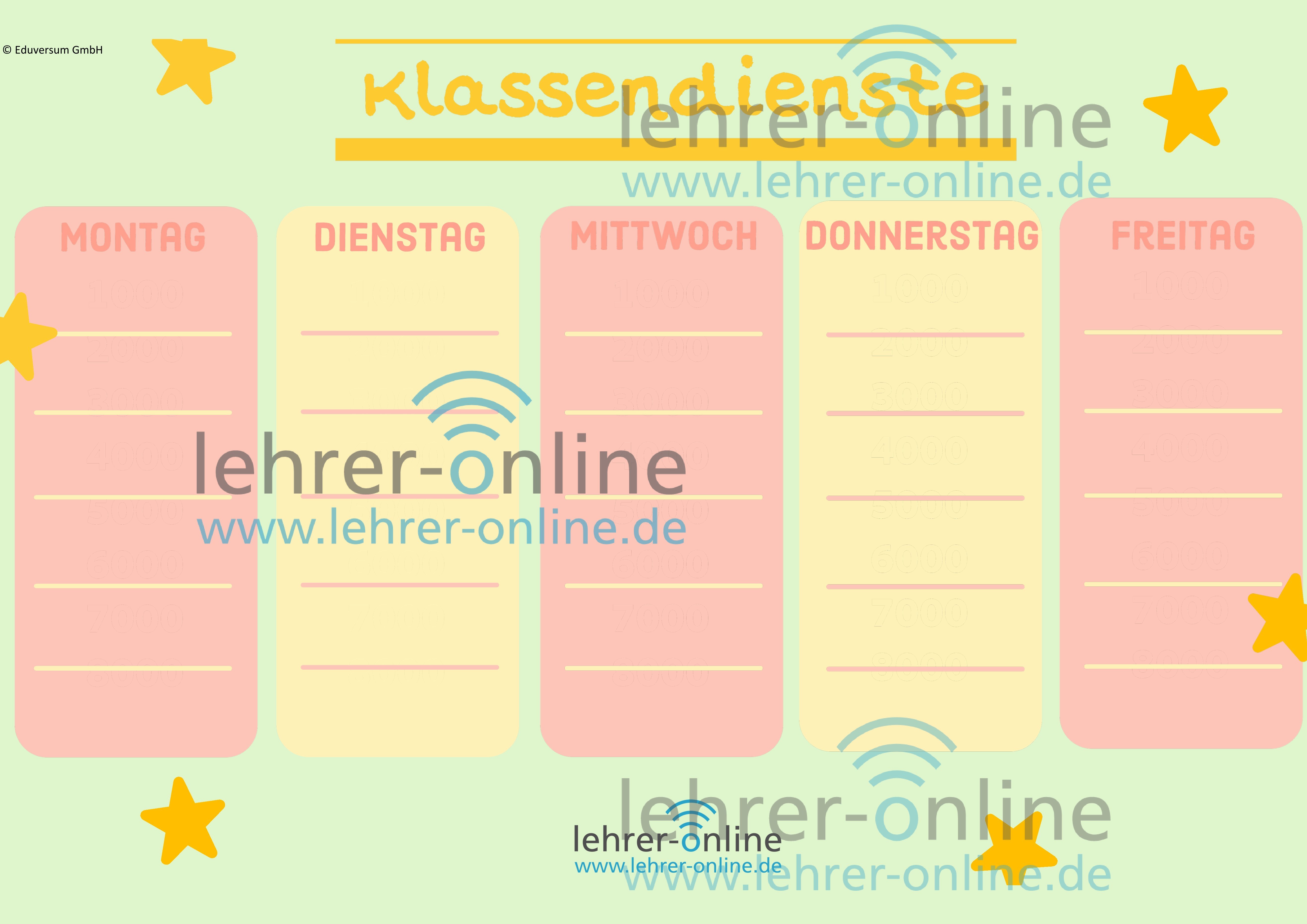 Poster Klassendienste grün mit Sternen