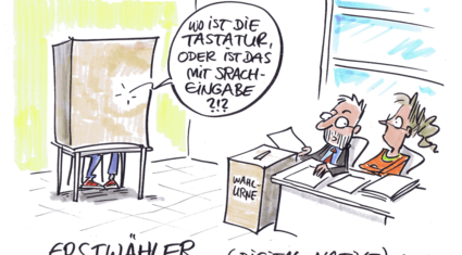 Erstwähler (Digital Native): Ein Wahllokal. Zwei Personen neben der Wahlurne überwachen sitzend den Raum. Die Frau schaut überrascht und hat die Arme verschränkt, der Mann schaut mit offenem Mund zu ihr, denn aus der Wahlkabine ertönt die Frage: „Wo ist die Tastatur? Oder ist das mit Spracheingabe?!?“