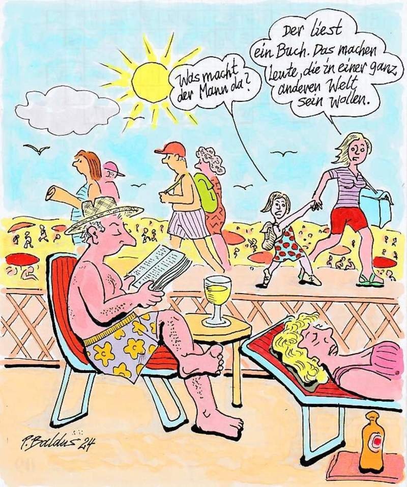 Cartoon der Woche: Literatur - andere Welt Mann in Badehose mit Buch im Strandcafé