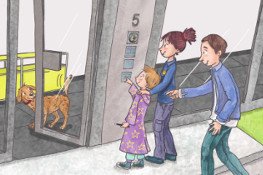Erik und das Zauberhaus Zeichnung, 3 Personen und Hund
