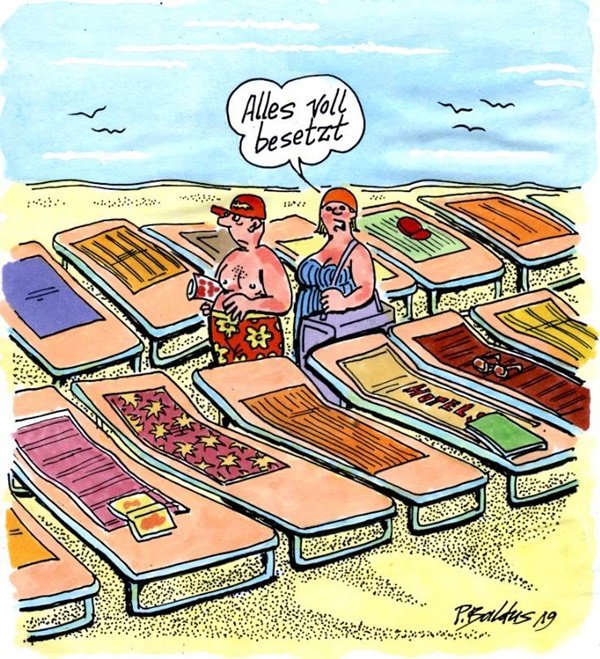 Brechend voll Cartoon der Woche: Urlauber am Strand finden keine Liege mehr
