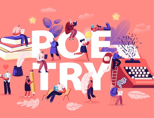 Wort "Poetry" mit Icons rund um Bücher und das Lesen