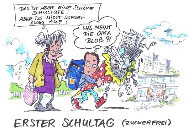Cartoon: Schultag zuckerfrei von Michael Hüter Schulkind bekommt Schultüte ohne Süßigkeiten, ganz zuckerfrei.