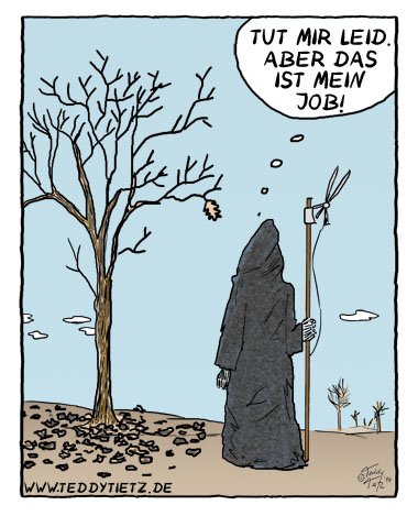 Sensemann steht vor dem letzten Blatt an einem Baum 