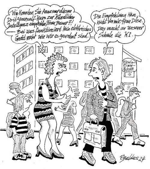Cartoon der Woche: KI-Empfehlung Lehrkraft mit Mutter und Kind auf dem Schulhof