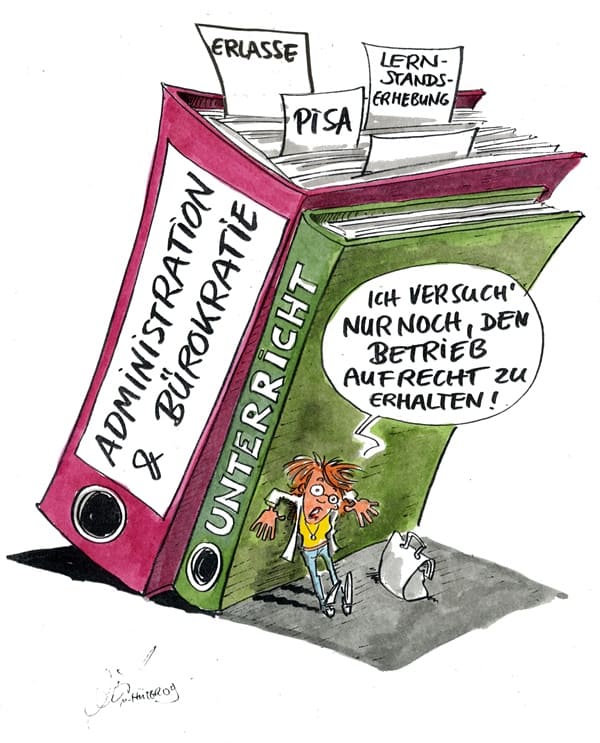 Cartoon: Aufrecht halten! Lehrerin versucht neben einem großen Teil Bürokratie nur noch den Betrieb aufrecht zu erhalten.