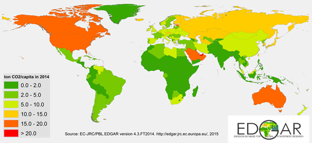 Karte zeigt CO2-Emissionen pro Kopf in t im Jahr 2014