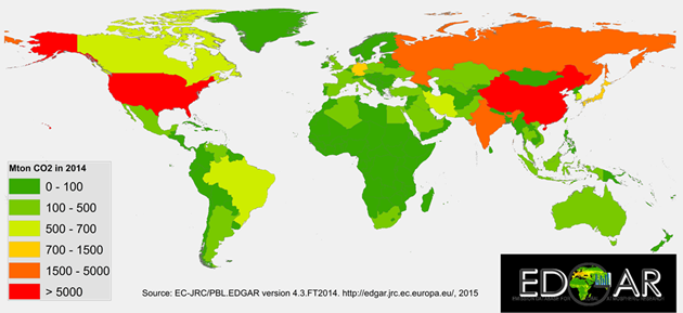 Karte zeigt CO2-Emissionen pro Land in Millionen t im Jahr 2014