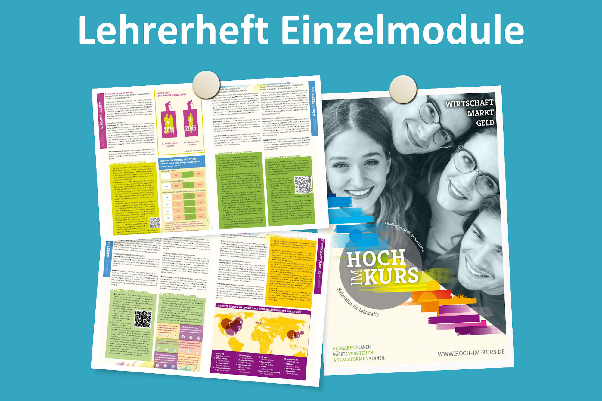 Abbildung von Modulseiten des Lehrerhefts "Hoch im Kurs"