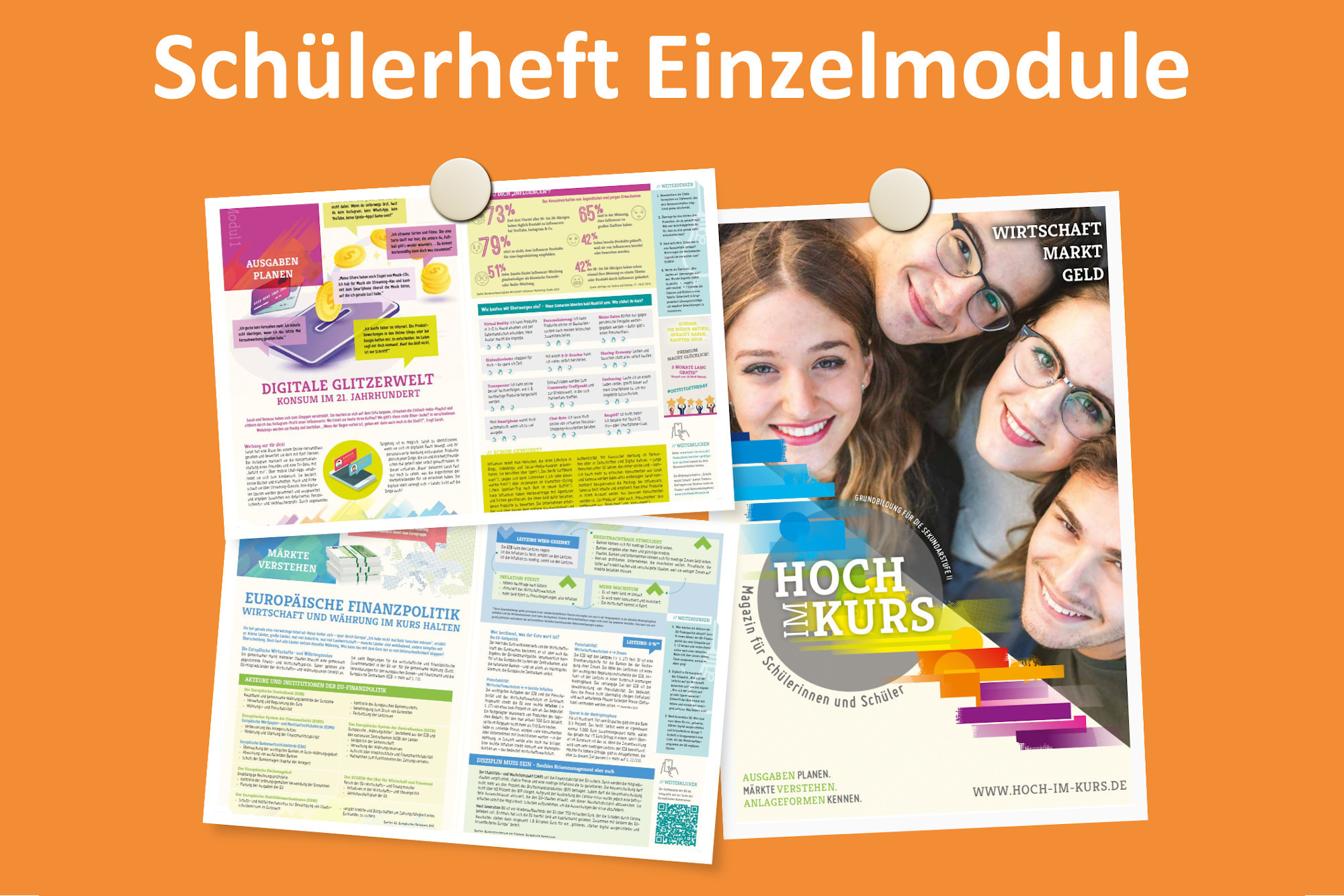 Abbildung von Modulseiten des Schülerhefts "Hoch im Kurs"