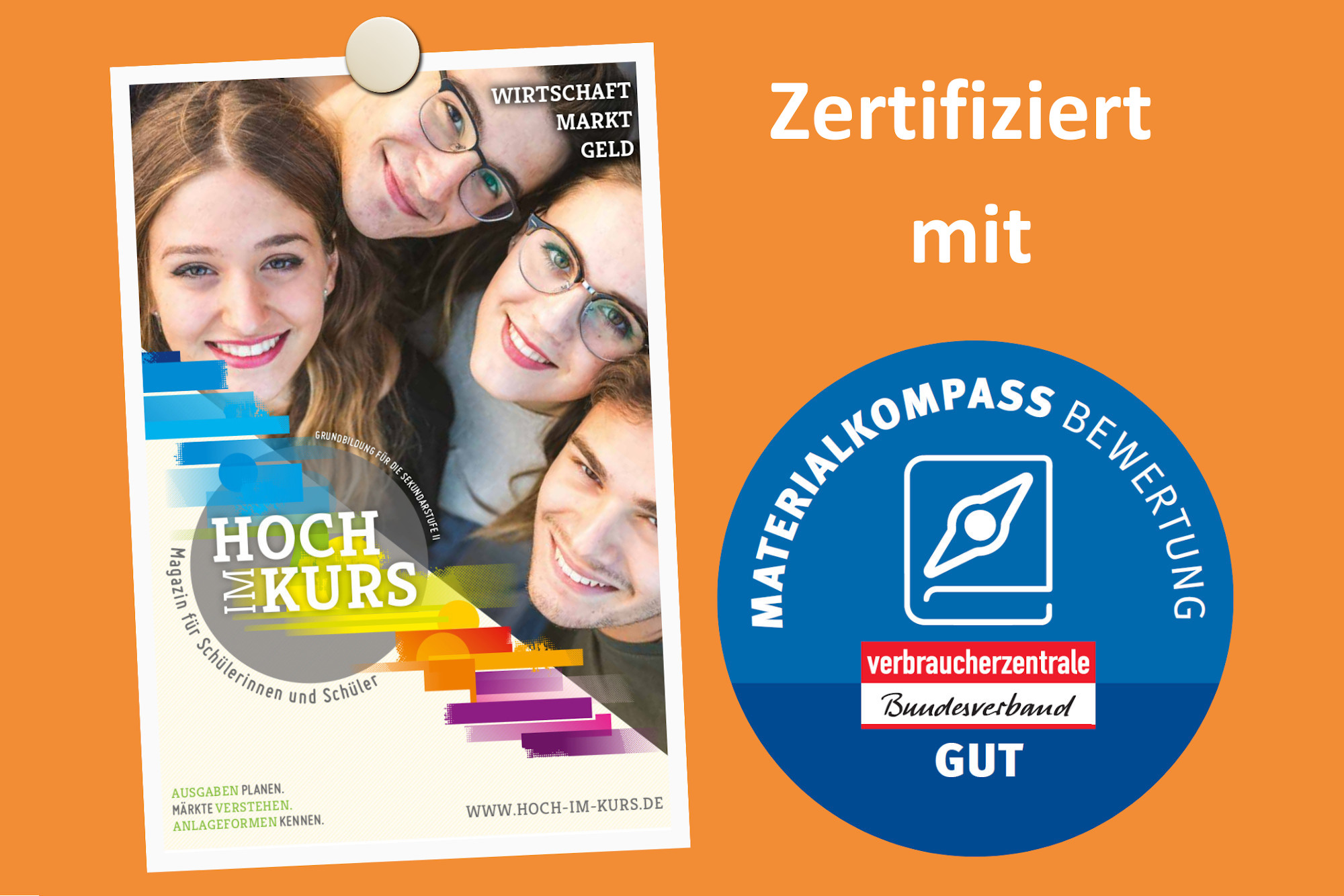 Titel des Schülerhefts "Hoch im Kurs" mit VZBV-Siegel "Materialkompass"