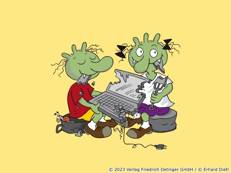 Die Olchis essen einen Laptop.