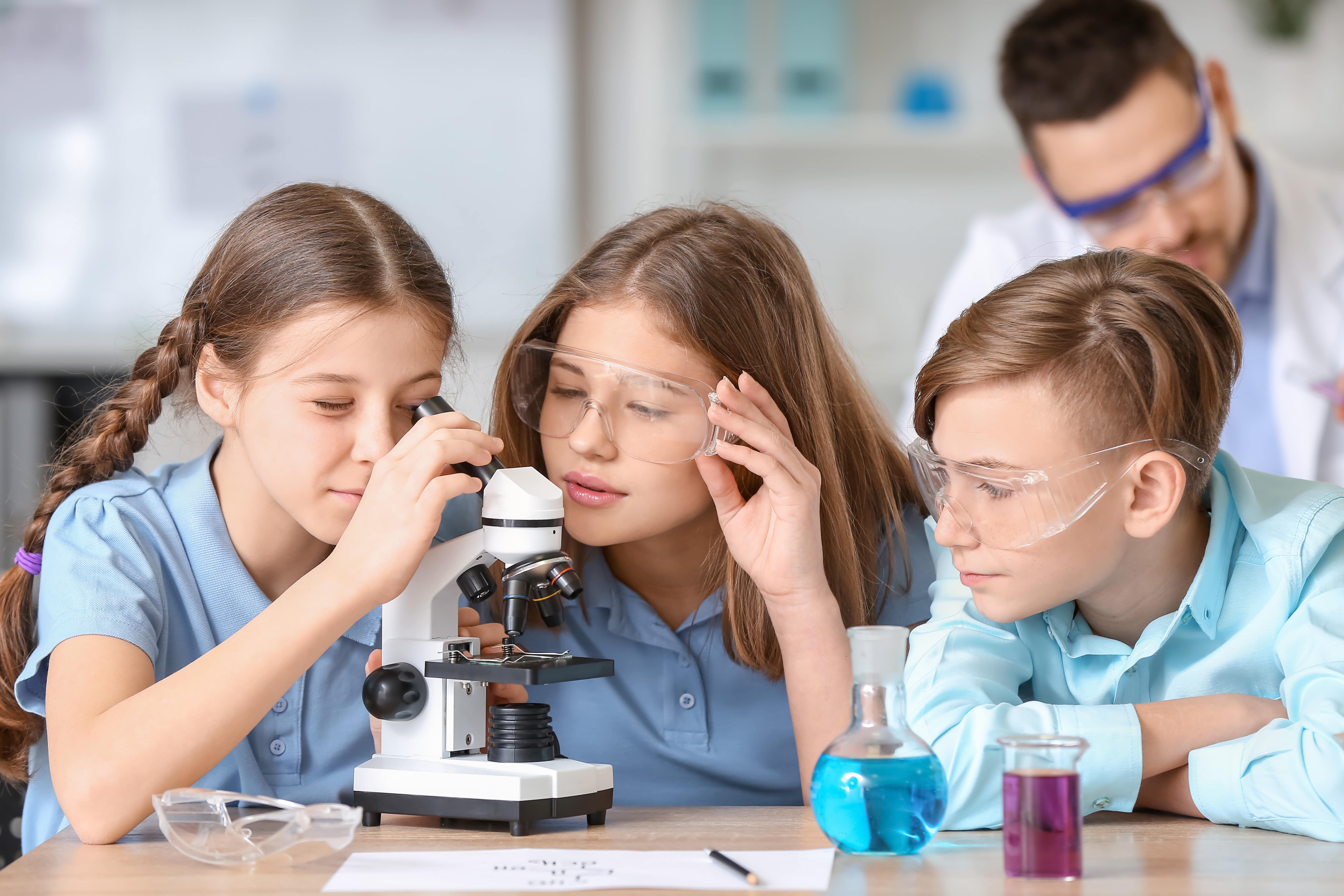 Schülerinnen und Schüler lernen den Umgang mit einem Mikroskop. 