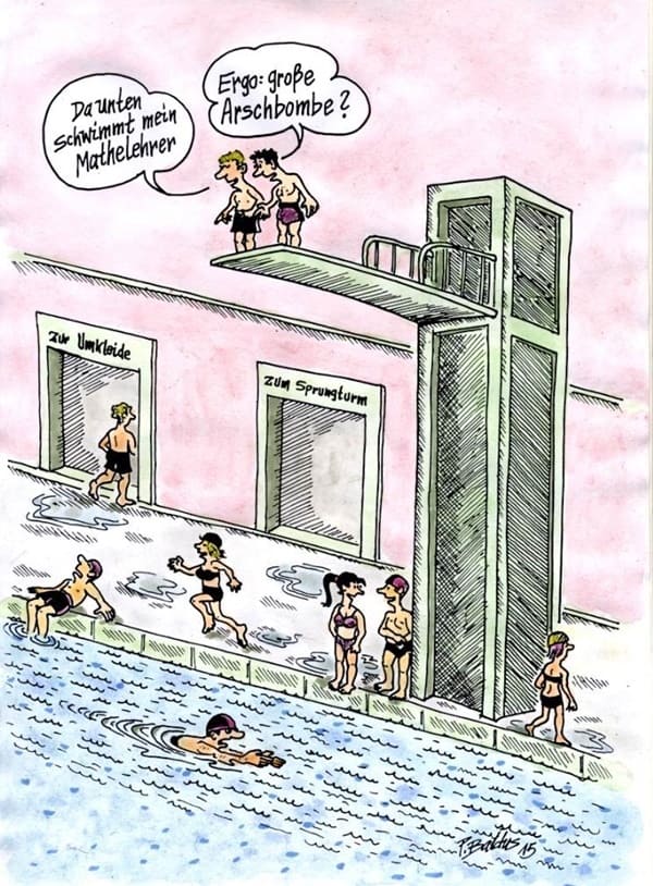 Arschbombe im Schwimmbad Cartoon 