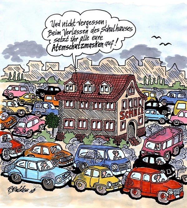 Cartoon der Woche: Atemschutzmasken Autos vor Schulgebäude