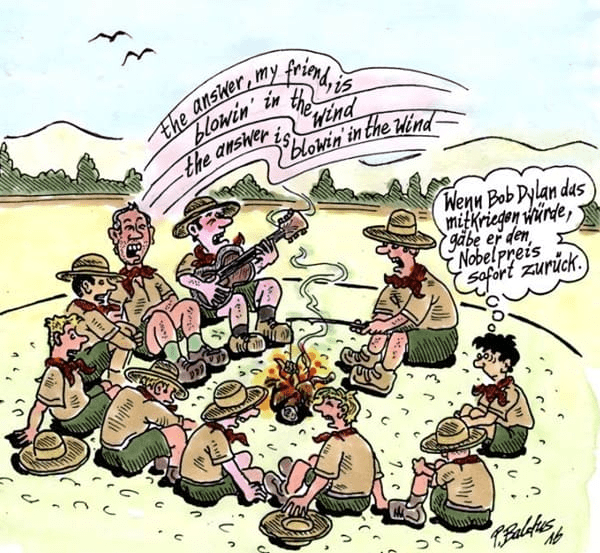 Cartoon der Woche: Nobelpreis Pfadfinderinnen und Pfadfinder sitzen am Lagerfeuer und singen