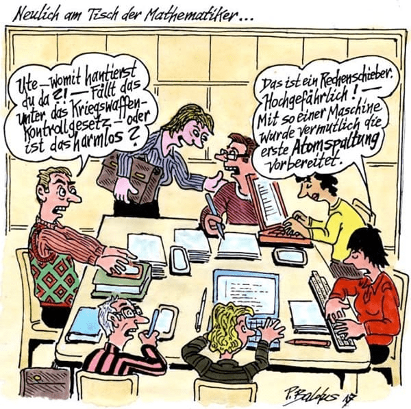 Cartoon der Woche: Rechenschieber Schüler versucht Mathe-Aufgaben mit Rechenschieber zu lösen