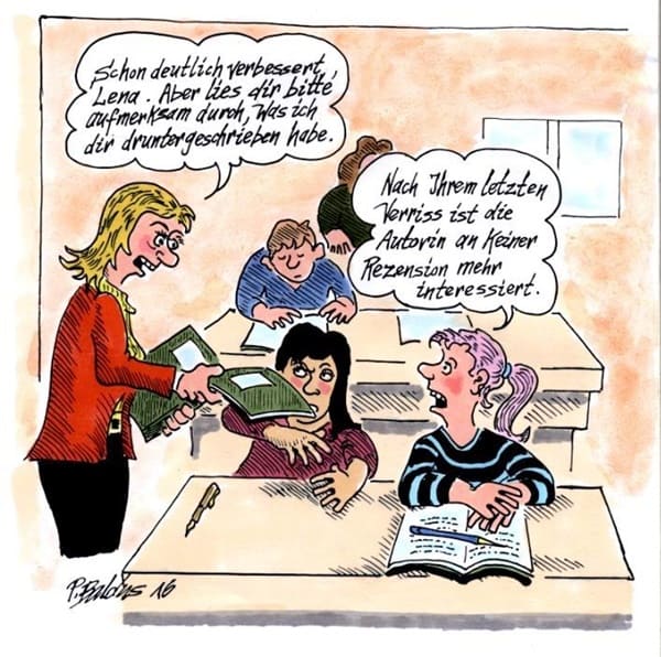 Cartoon Aufsatzbewertung Lehrerin gibt Schülerin bewerteten Aufsatz zurück