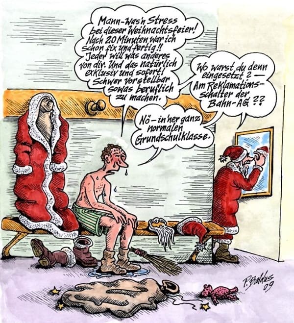 Cartoon Weihnachtsfeier Peter Baldus erschöpfter Mann kommt von Weihnachtsfeier einer Grundschule