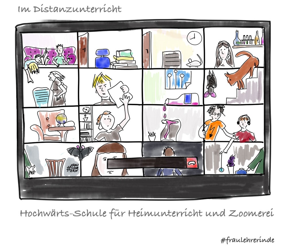 Cartoon: Hochwärts-Schule für Heimunterricht und Zoomerei