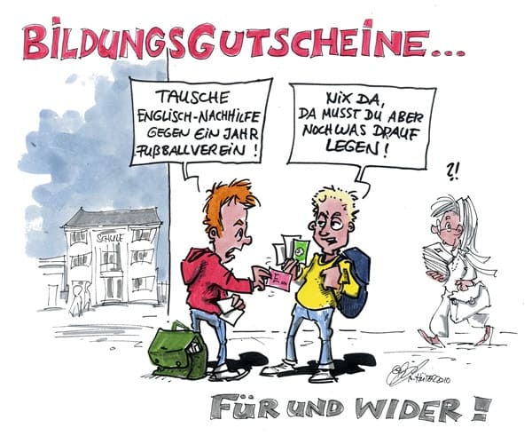 Cartoon: Bildungsgutschein Schulkinder tauschen Bildungsgutscheine untereinander aus
