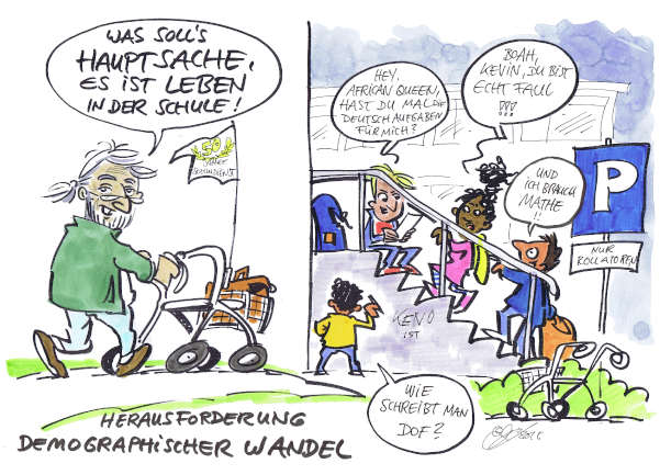 Cartoon: Demografischer Wandel als Herausforderung | von Michael Hüter